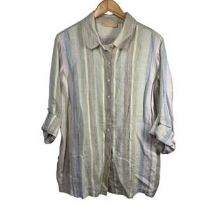 Kate Hill Top Women 2X Plus Size Tan Stripe 100% Linen Button Up Roll Tab Coast